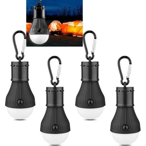 Linternas LED portátiles de 4 piezas para tiendas de campaña, 12 x 5,3 cm, mochileros, viajar, pescar y en caso de cortes de luz, Color negro (1/5)