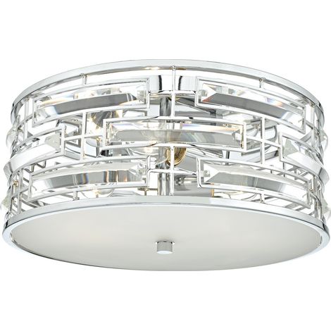 DAR SEVILLE - Plafonnier Cylindrique Affleurant Chrome Poli & Cristal avec Diffuseur, 3x E27 (1/5)