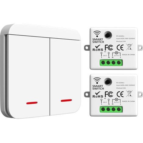 pair Kit d'interrupteurs sans fil, 433 MHz, 2 200 W/10 A, 1 interrupteur RF et 2 récepteurs, interrupteur d'éclairage, interrupteur sans fil intelligent pour intérieur (30 à 50 m)