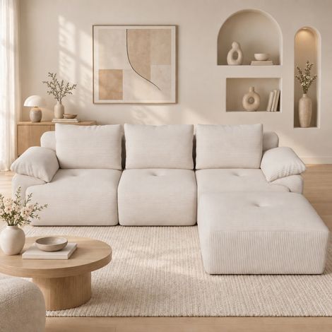 Canapé d'angle 3 places modulable en L convertible - design moderne confortable - 3 coussins de dossier et 4 coussins d'assise - 264 x 161 x 71 cm - pour salon - Beige