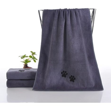 Serviette absorbante en microfibre pour chiens et chats, gris foncé avec pattes brodées, séchage rapide et douce pour le pelage (1/5)