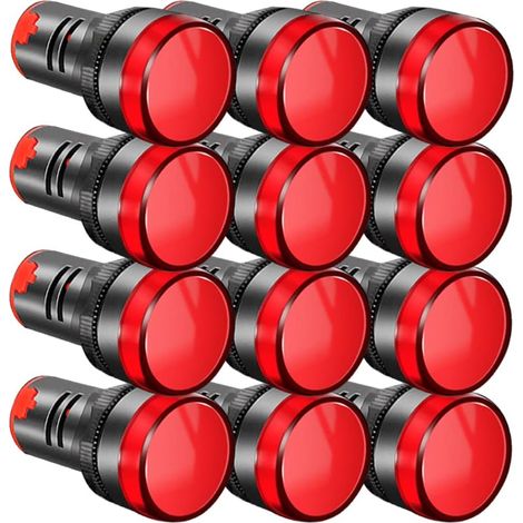 Pack of 12 LED power indicators, 22 mm, 220 V-380 V AC/20 mA, LED driver sign, LED flashing light, round