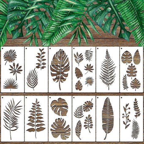 12 pochoirs de feuilles tropicales, feuilles de fougère, de monstera, de palmier et de tortue, pochoirs muraux réutilisables à motifs botaniques (1/5)