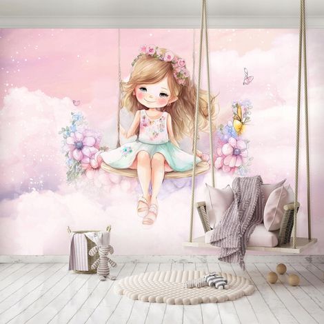 Vlies Fototapete Kinderzimmer 150x105 cm Wolken - Fototapeten Tapeten für Kinder - Kindertapete - Kinderzimmertapete - Himmel Mädchen rosa, WallArena (1/4)