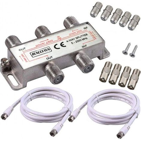 Pack répartiteur Splitter 1 entrée 4 sorties UHF/VHF/FM, 5 - 2500MHz + 2 Câbles coax 1.5m + 4 Fiches F + 5 connecteurs raccord F F (1/4)
