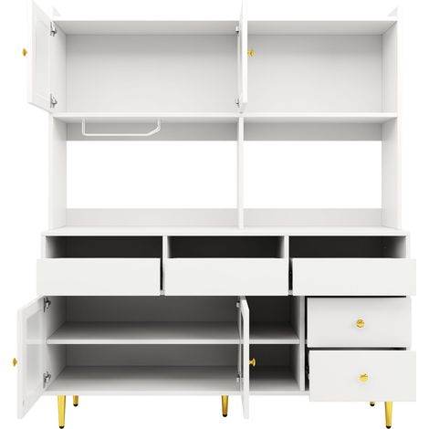Buffet de salle à manger moderne blanc avec portes en verre strié et casier à vin, 145x39x171 cm (1/5)