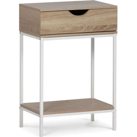 Table de chevet - JUANIO - Modèle Compact - 1 tiroir - Effet bois naturel - Structure métallique blanche (1/3)