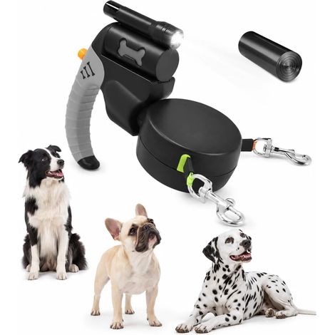 Laisse Chien Enrouleur Double 3m pour 2 Chiens, 360° Anti-Enchevêtrement + Freins Séparés, LED, Poignée Antidérapante, Bote à Déchets, Jusqu’à 20 kg, Noir (1/5)