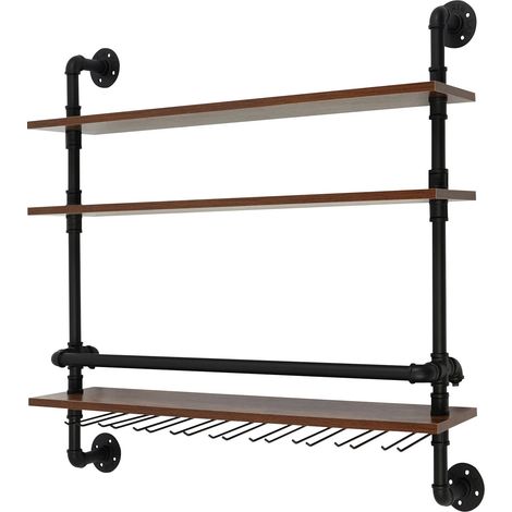 Portabottiglie in stile industriale – Da parete – Vintage – Per bottiglie di vino – Con portabicchieri – Per cucina, sala da pranzo, bar – 92 x 20 x 89 cm (1/5)