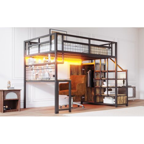 Lit mezzanine métallique 140x200 cm avec échelle de rangement, penderie simple, étagère, bureau et filet de rangement, bande lumineuse avec prise, noir (1/5)