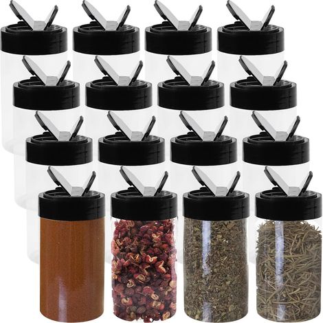 Lot de 50 - Pots à épices - Récipients en plastique - Couvercle shaker noir - Stockage cuisine et artisanat - Transparent - 200 ml