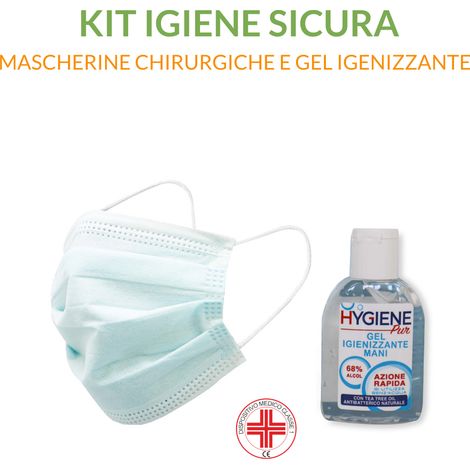 EVERGREENWEB - Kit MASCHERINE CHIRURGICHE Filtro a 3 Strati e Elastici Impermeabile in tessuto Tnt Traspirante, Gel Igenizzante Mani ad azione Rapida (1/5)