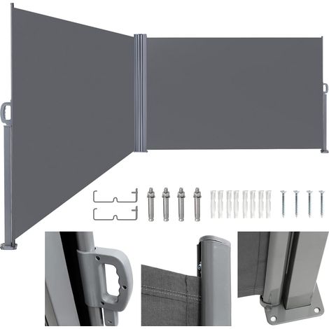 Store latéral Double Paravent extérieur, 180x600cm Store Latéral Rétractable, Brise-Vue, Protection Solaire, Opaque, Brise-Vent, pour Balcon, Terrasse, Jardin, Gris M4550-EM-1x (1/5)