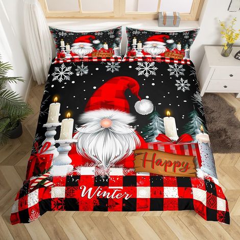 Housse de Couette 140x200 Enfant Noël Parure de Lit GNOME pour Garçon Fille, Sets de Housses de Couettes Dessin Animé du Père Noël, Couvre Lit Flocon de Neige, Rouge et Noir - 140x200cm + 1 Taie Oreil (1/5)