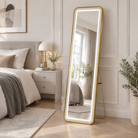 Miroir pleine rectangle LED 150x40cm, éclairage tactile cadre aluminium verre trempé, sur pied ou mural pour chambre dressing, Doré (1/5)