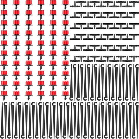 180PCS Kit D'irrigation de Goutte Jardin, 60 Embout de Goutte à Goutte Réglable + 60 Connecteurs en T + 60 Ancrage au Sol pour Tuyau D'arrosage pour Jardin Pelouse Serre Plantes - Rouge (1/5)