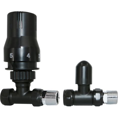 Black Thermostatic Straight Radiator Valve and Lockshield Pack 15mmx 1/2" (1/5)