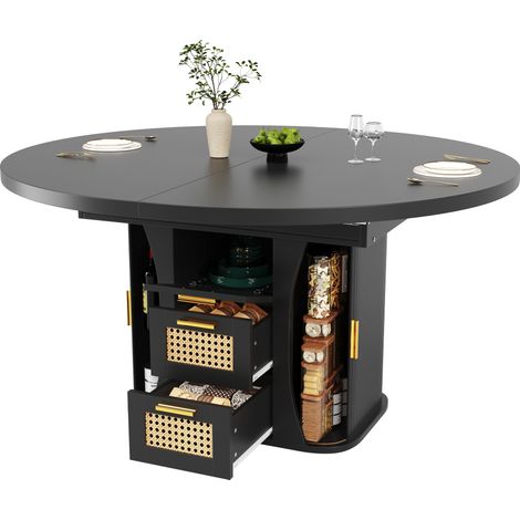 CHICFURN Mesa de comedor extensible con almacenaje 118-158 cm en MDF negro, mesa de cocina cuadrada con cajones efecto ratán, estructura estable y fácil de limpiar (1/5)