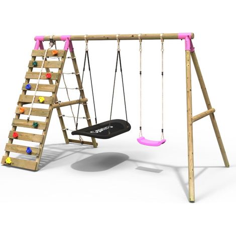 Rebo Wooden Swing Set with Up and Over Climbing Wall - Sage Pink