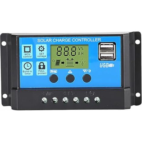 Contrôleur de charge solaire PWM 12 V/24 V 40 A avec écran LCD et double port USB, pour batteries gel AGM à électrolyte liquide, camping-car et installations hors réseau. (1/5)