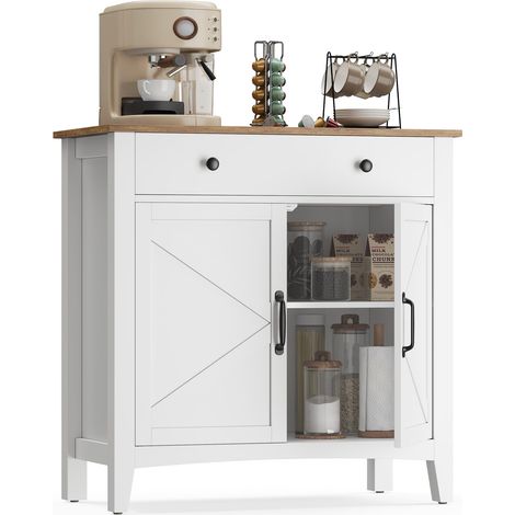Buffet, Meuble de Rangement avec Tiroir, Meuble de Cuisine, avec Portes, Étagère Réglable, Style Campagne, 40 x 80 x 80 cm, Blanc Nuage et Brun Miel BBK341W02 (1/5)