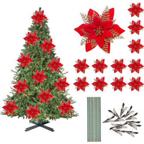 Set mit 12 Weihnachtsbaumdekorationen: künstliche Weihnachtssterne, Glitzerblumen mit Clips, rote und goldene Stiele. (1/2)