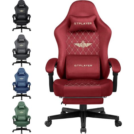 GTPLAYER Chaise Gaming Fauteuil Gaming Tissu Chaise Gamer Ergonomique Bureau Chaise PC, 150 kg, Chaise de Table RéGlable et Pivotante avec Coussin D'Assise à Ressorts et Repose-Pieds, Rouge