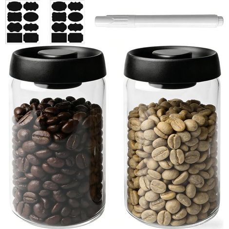 Set of 2 airtight 1.2L glass coffee tins with black lids and gold knobs, vacuum storage containers for coffee beans, tea, nuts (1/5)
