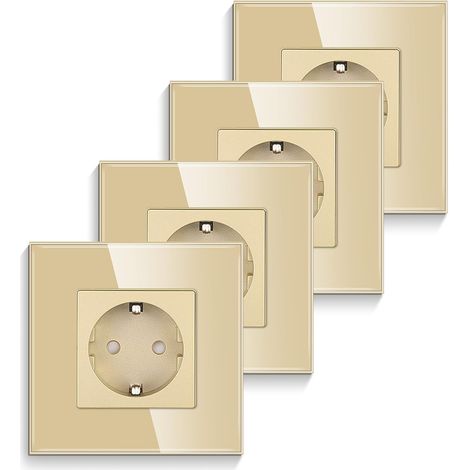 Lot de 4 prises simples encastrées en verre, doré – Prise Schuko simple avec sécurité enfant – Contact de protection 16 A – Prise murale avec cadre en verre (1/5)