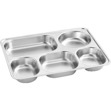 Plateaux à Assiettes Rectangulaires Divisés en Acier Inoxydable 304, Plateau à Lunch Divisé 5 Compartiments 2 Pièce (1/5)