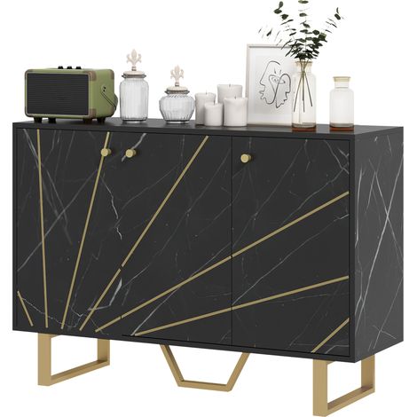 Buffet de rangement salon 2 placards 3 portes étagère réglable pieds métal aspect marbre noir