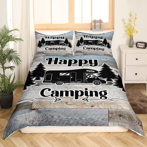 Parure de lit 135x200 cm pour garçons, enfants, adolescents, housse de couette rustique, dessin noir à croquis et camper, housse de couette avec vieux décor de grange (1/5)