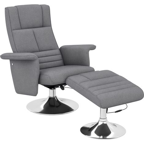 Homcom – Fauteuil relax massant avec pouf – Massage par vibrations à 8 points – Assise pivotante 360° – Rembourrage épais en tissu effet lin gris foncé