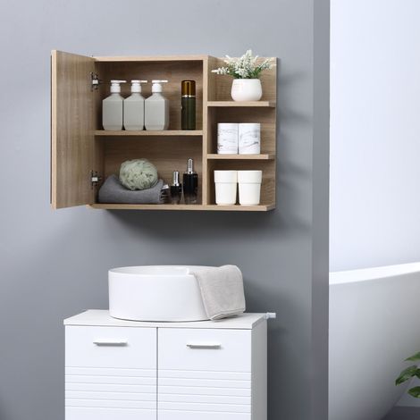Armoire à pharmacie murale en bois naturel avec miroir et 3 étagères ouvertes pour le rangement (1/5)
