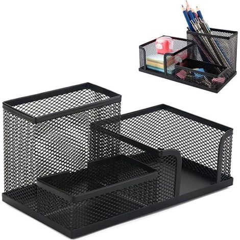 UlisemOrganiseur de bureau en métal maillé avec porte-stylo, porte-stylo, pot à crayons, métal noir (1/4)