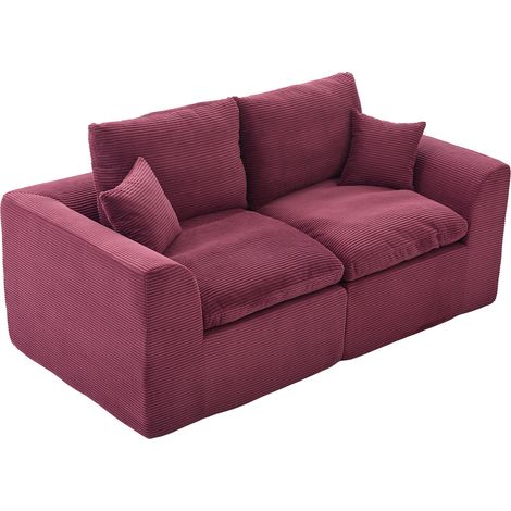 CAIziCanapé moderne minimaliste en tissu 2 places pour salon, doux et confortable, avec coussins, canapé de loisirs style nordique pour salon et chambre (velours côtelé rouge vin)