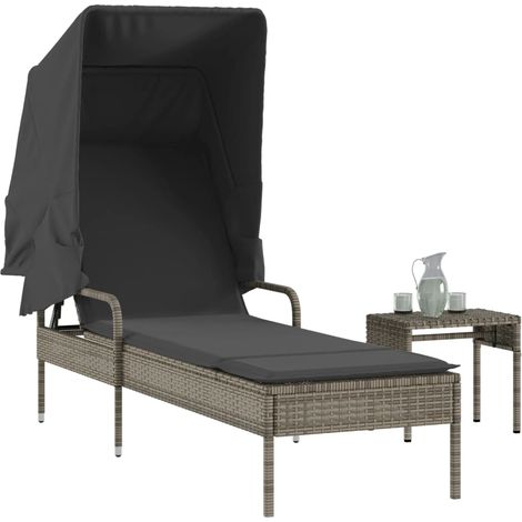 Sonnenliege mit Dach und Tisch Grau Poly Rattan