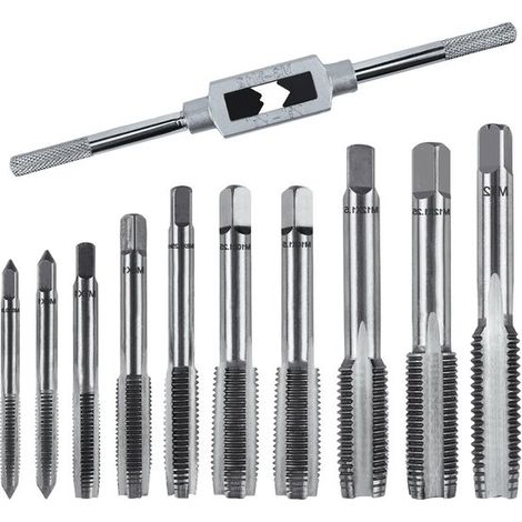 Set per filettatura M3 M5 M6 M7 M8 M10 M12 11 pezzi Metrico con punta da trapano Filettatura fine Set professionale per filettatura Pollici (1/5)