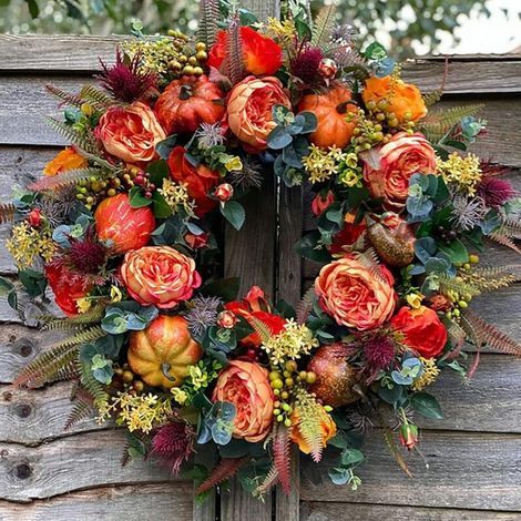 Couronne De Porte - Couronne De Pivoines Et Citrouilles D'automne - 30 Cm - Décoration Intérieure Et Extérieure