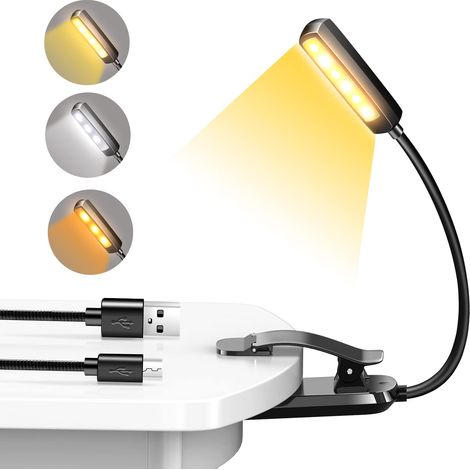 Lampe de Lecture LED, Rechargeable 6 LED Liseuse Lampe Clip, 360°Cou Flexible Lampe Pince, 3 Modes de Couleur (Blanc Froid&Chaud), Pince Lampe Livre (1/5)