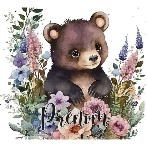 Papier peint panoramique enfant avec prénom personnalisable - Ourson Fleurs - 130 cm x 84 cm (1/2)