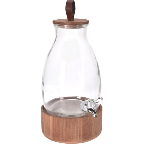 Getränkespender aus Glas mit Holz Ständer - 5,5 Liter - Wasserspender mit Zapfhahn - Spender für Getränke Saft Wasser Limonade Dispenser mit Fuß