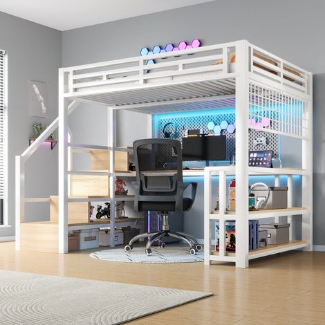 Lit mezzanine 140x200 cm avec échelle rangement, bureau, éclairage LED et prises USB, idéal chambre enfant, sans matelas, blanc – BATDTECH