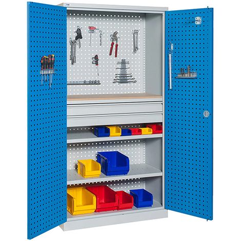 Armoire de rangement acier - 2 tiroirs, 1 tablette bois et 2 étagères charge 150kg/niveau - Dim. 1950x1000x500mm - W030080002-GCBI (1/5)