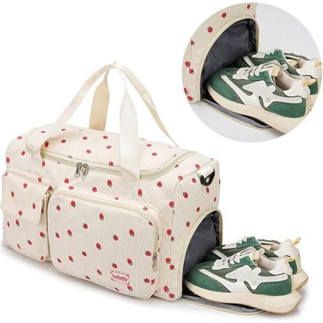 Sac de sport fraise fille, velours côtelé, compartiment chaussures, poche imperméable. Idéal voyages & week-ends. Blanc, décontracté. (1/5)