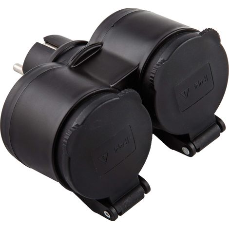 Electraline 55074 Adattatore da Esterno 2 prese Schuko, Resistente all'acqua IP44, Spina tedesca, Multipresa 2 posti schuko con tappo, Nero (1/3)