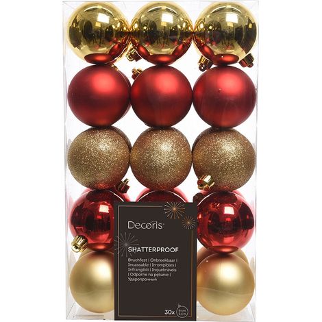 Bolas decoración árbol navidad ø6 cm, rojo y dorado, caja 30 uds