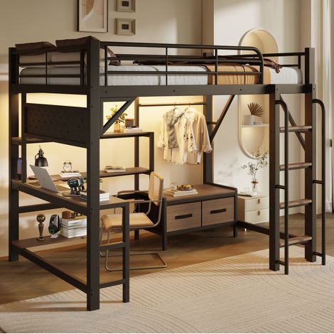 Cama alta infantil 140x200 cm de metal y MDF negro, sin colchón - CHICFURN (1/5)