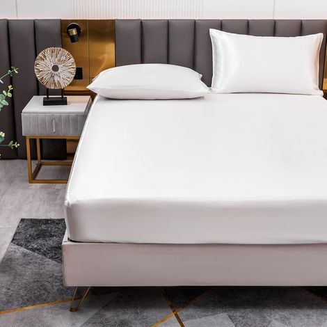 Drap Housse Satin 200x200 cm 2 Personnes avec Grand Bonnet de 30 cm pour Matelas Épais - Drap-Housse Douce en Satin de Polyester Couleur Unie, Blanc (1/5)