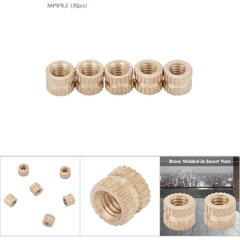 Écrous encastrés M4 en laiton cylindriques moletés moulés (M4x6x6,3mm - 30 pièces) (1/5)